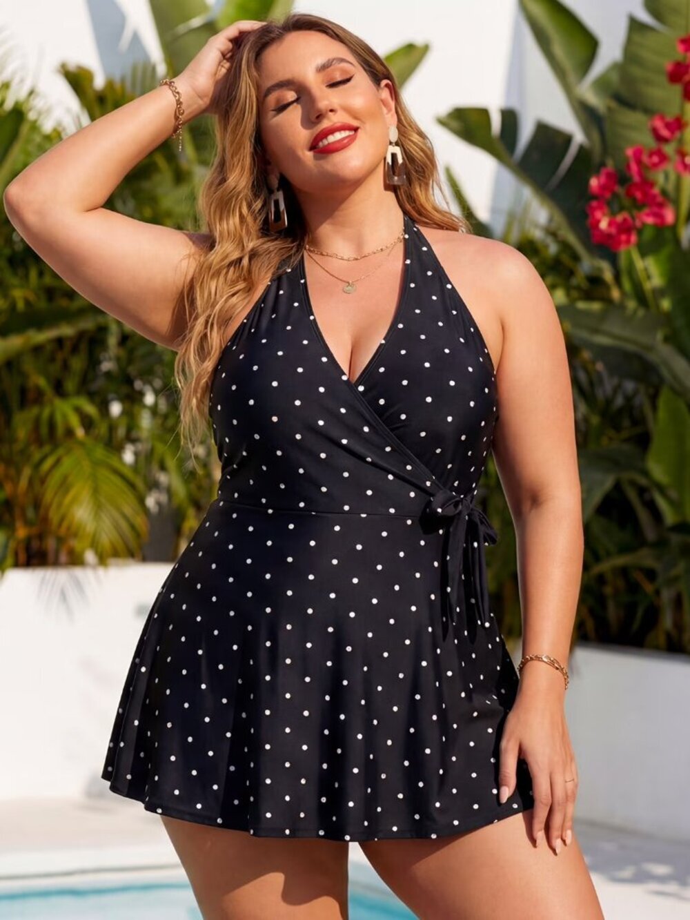 🩱 Ocean Blues Black Polka Dot Halter Swimdress NWT XL 🖤